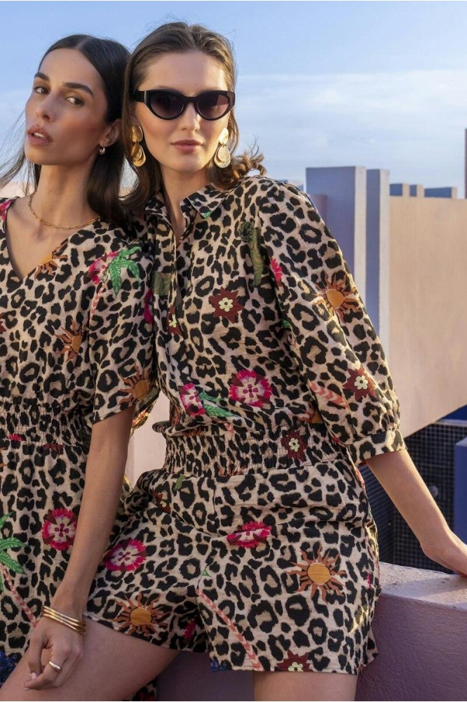 LEOPARD BLOUSE MET KLEURRIJKE DETAILS 53491 20 000720 SAND/GREEN/BLUE